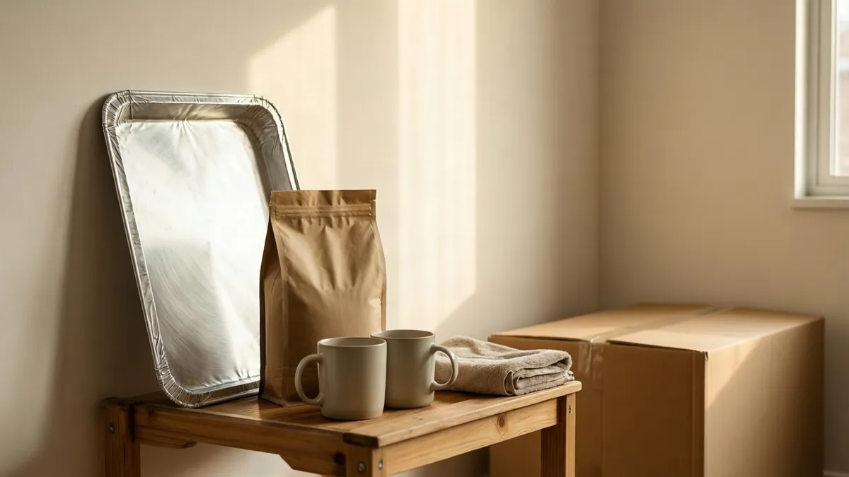 A metal baking sheet leaning against a bare wall above a small wooden table holding a kraft bag of coffee, two plain mugs and a folded towel, with a sealed moving box beside it in afternoon light